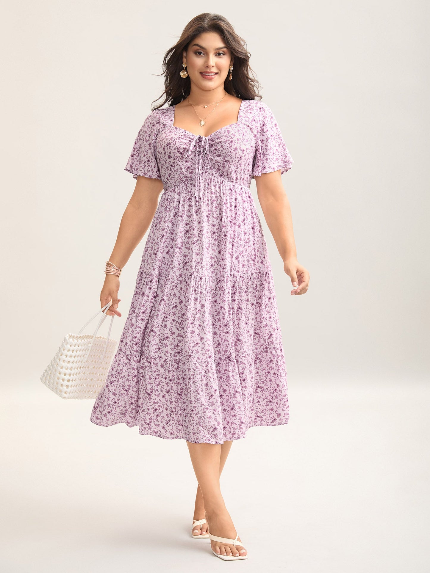 Ditsy Floral Sweetheart Drawstring Pocket Tiered Dress