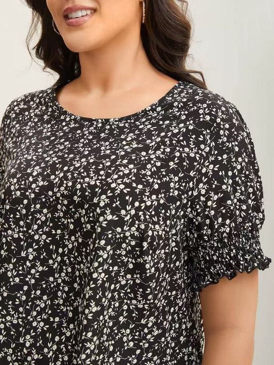 Ditsy Floral Print Curvy Hem Blouse