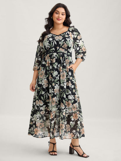 Floral Heart Neckline Woven Ribbon Gathered Dress