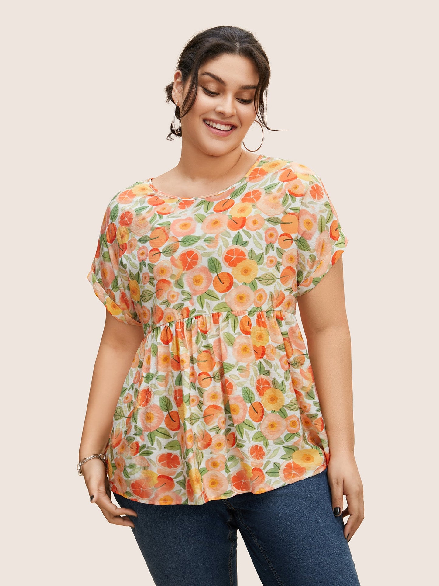 Fruit Print Curved Hem Batwing Sleeve Blouse