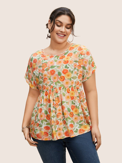 Fruit Print Curved Hem Batwing Sleeve Blouse