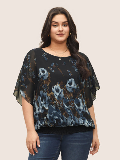 Pixel Flower Shirred Batwing Sleeve Blouse