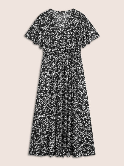 Bloom Dress - Flutter Sleeve Ditsy Floral Pocket Split Maxi Dress