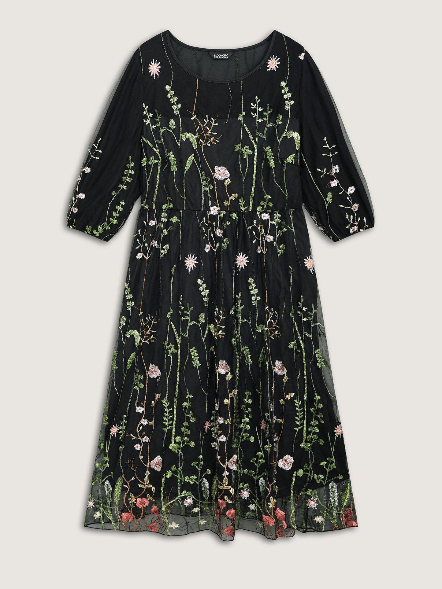 Floral Embroidered Elastic Waist Lined Midi Dress