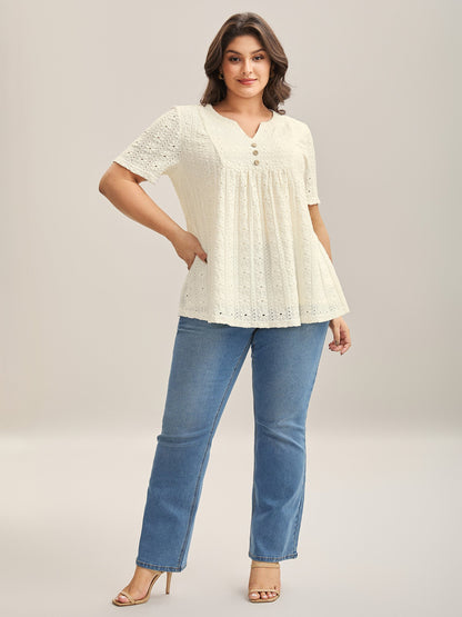Textured Pleated Split Neck T-Shirt