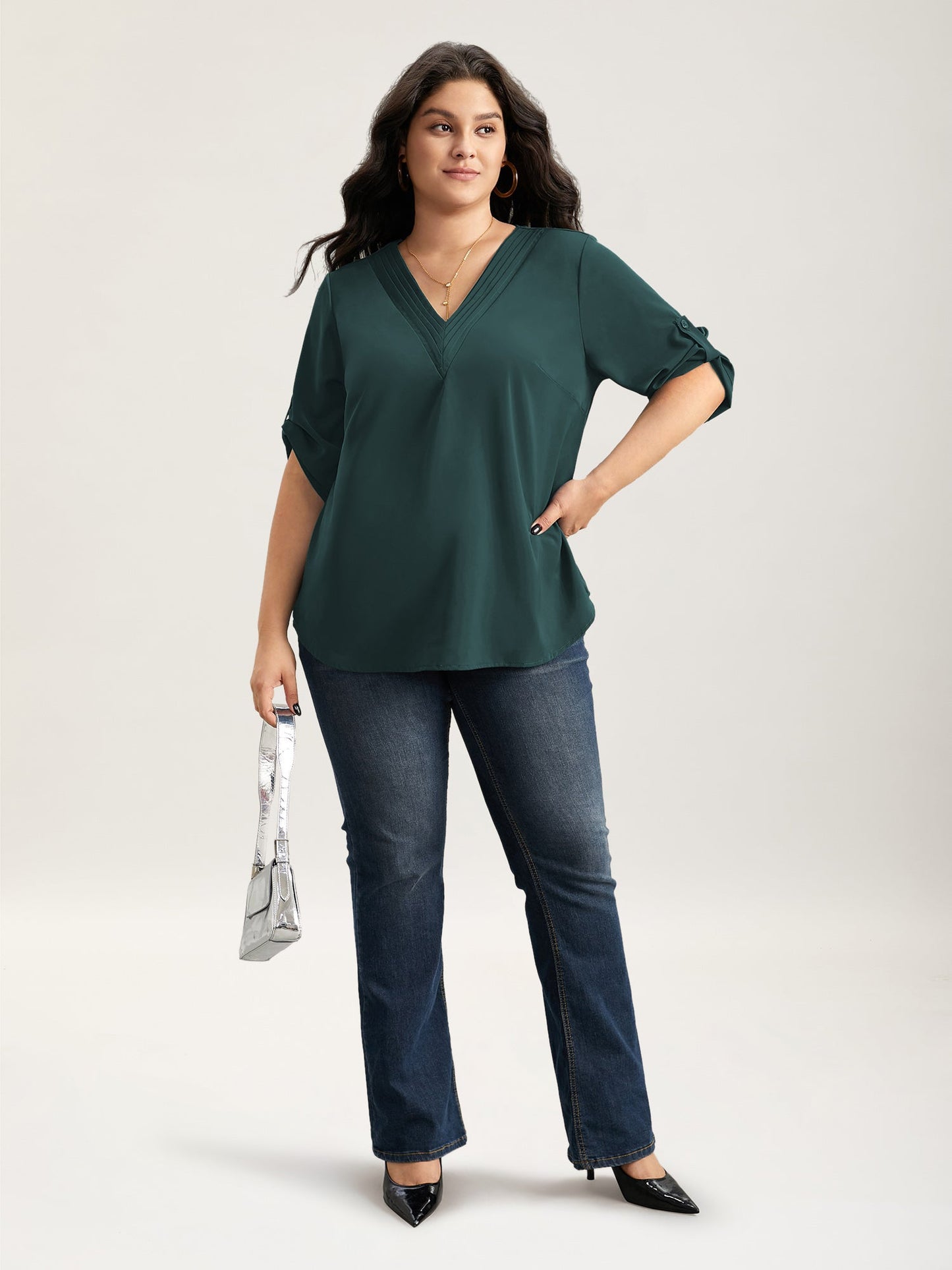 V Neck Plain Pleated Tab Sleeve Blouse