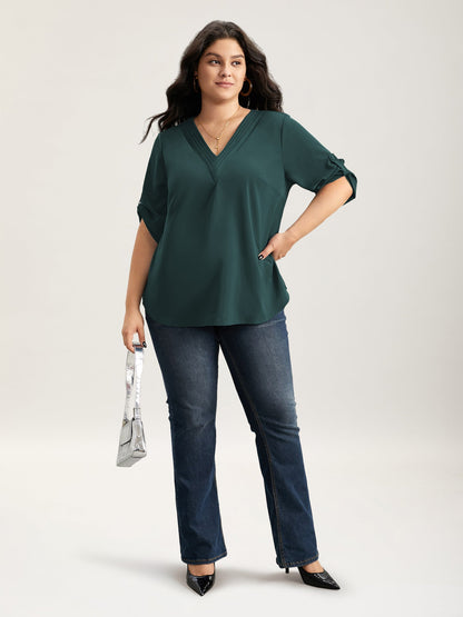 V Neck Plain Pleated Tab Sleeve Blouse