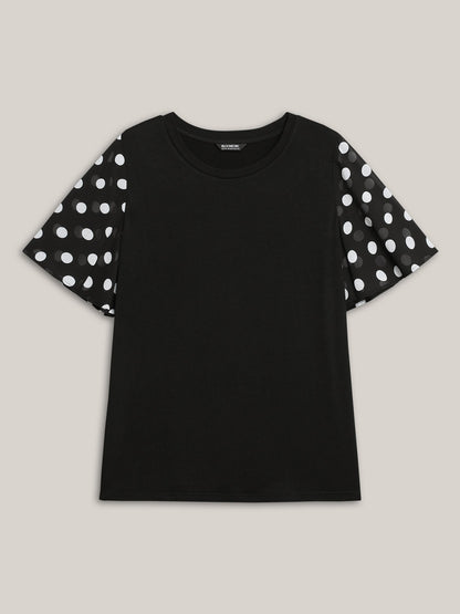 Stretchy Sheer Dot Sleeve Textured T-Shirt