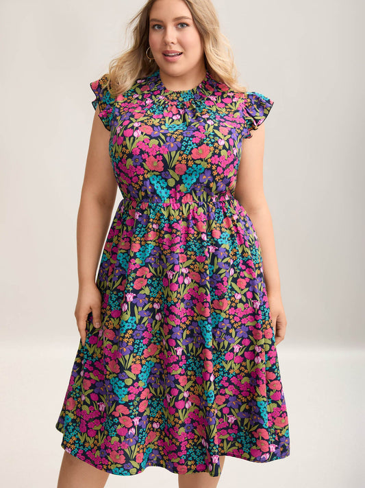 Floral Print Shirred Pockets Midi Dress