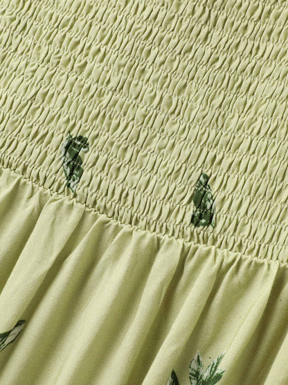 Shirred Off-Sleeve Floral Print Maxi Dress