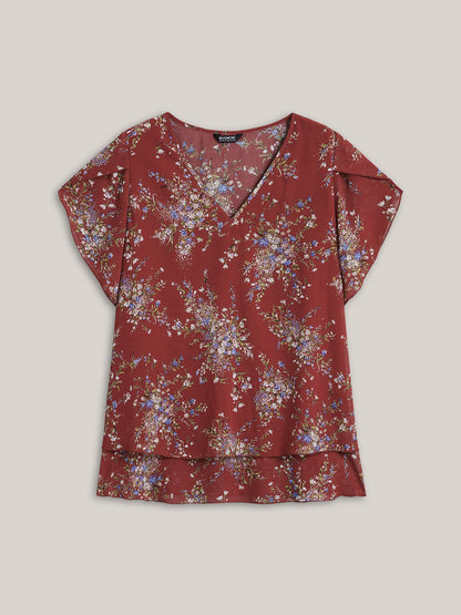 Floral Print Petal Sleeve Layered Blouse