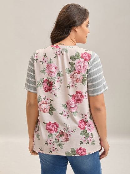 Floral Striped Stretchy Crew Neck T-Shirt