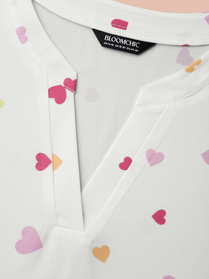 Notched Collar Multi-Color Hearts Blouse