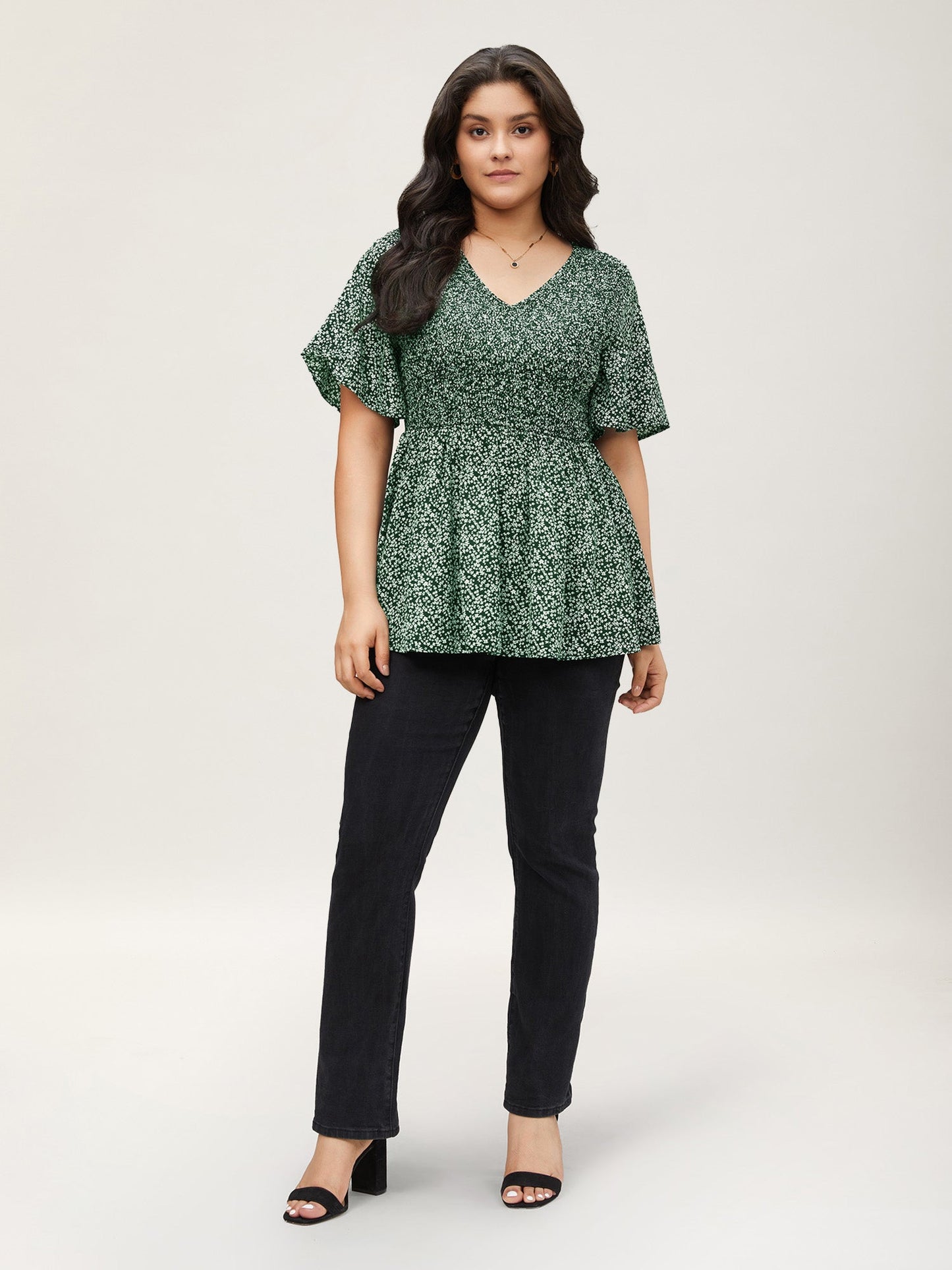 Ditsy Floral Shirred Ruffle Sleeve Elastic Waist Blouse