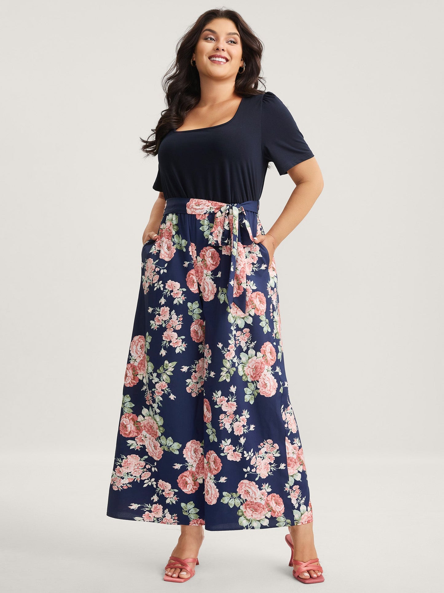 Color Contrast Belted Panel Pockets Jumpsuit