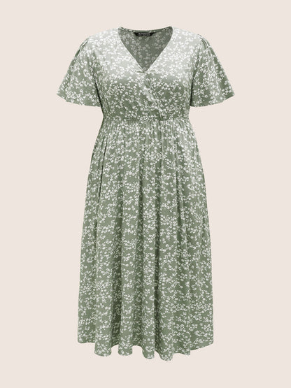 Bloom Dress - Flutter Sleeve Ditsy Floral Pocket Split Maxi Dress