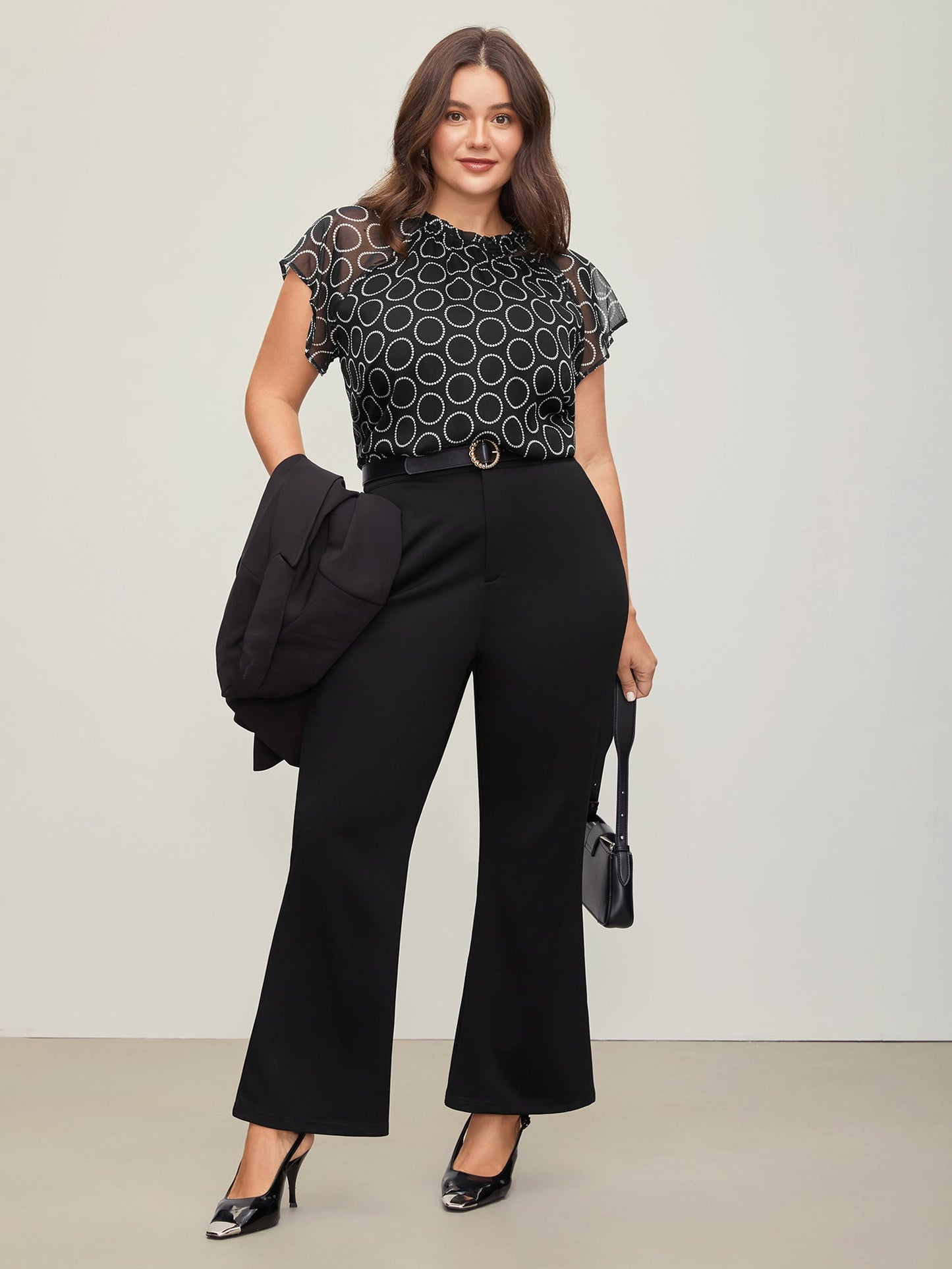 Polka Dot Mock Neck Mesh Patchwork Blouse