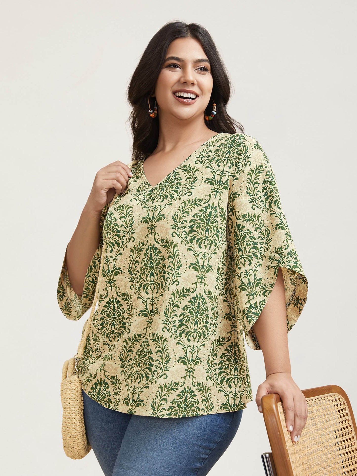 Damask Print Flared Sleeve V-Neck Shirt