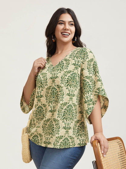 Damask Print Flared Sleeve V-Neck Shirt