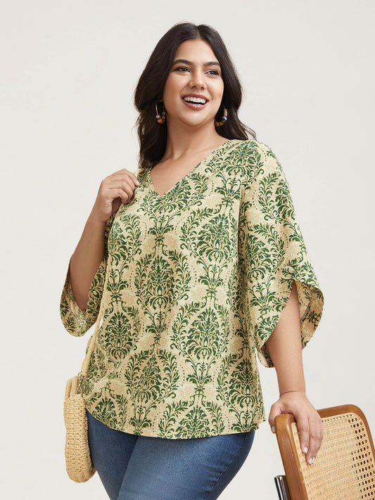 Damask Print Flared Sleeve V-Neck Shirt