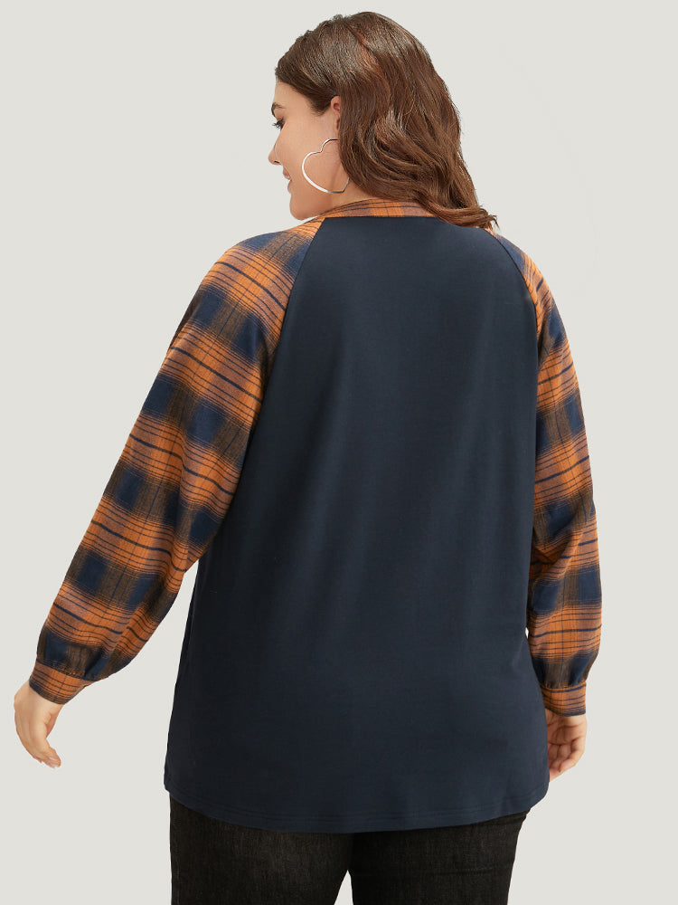 Plaid Patchwork Notched Button Detail Sweatshirt