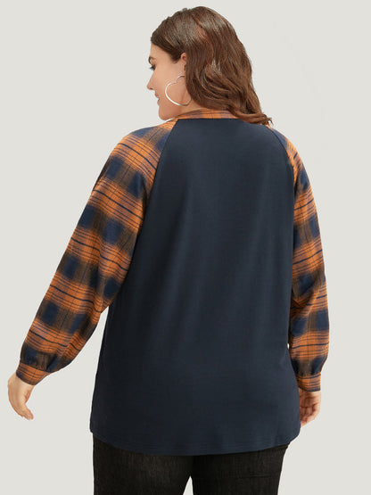 Plaid Patchwork Notched Button Detail Sweatshirt