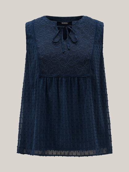 Textured Lace Detail Neck Tie Sleeveless Top