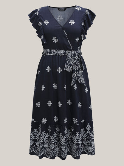 Rayon Stretchy Waist Pockets Flutter Midi Dress