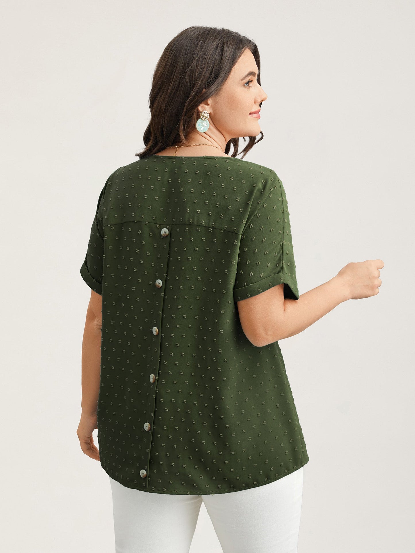 Back-Button Textured V-Neck Shirt