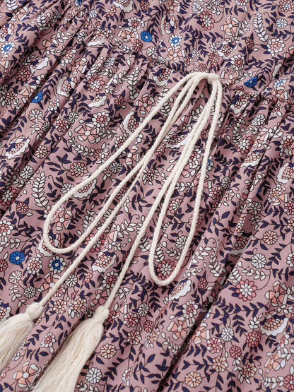 Boho Print Notched Ties Tassel Trim Dress