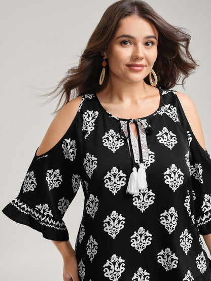 Floral Print Lace Neck Flared Sleeve Blouse