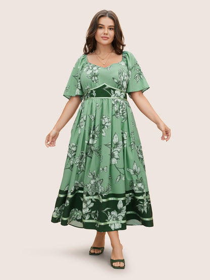 Boho Print Heart Neckline Ruffle Sleeve Maxi Dress