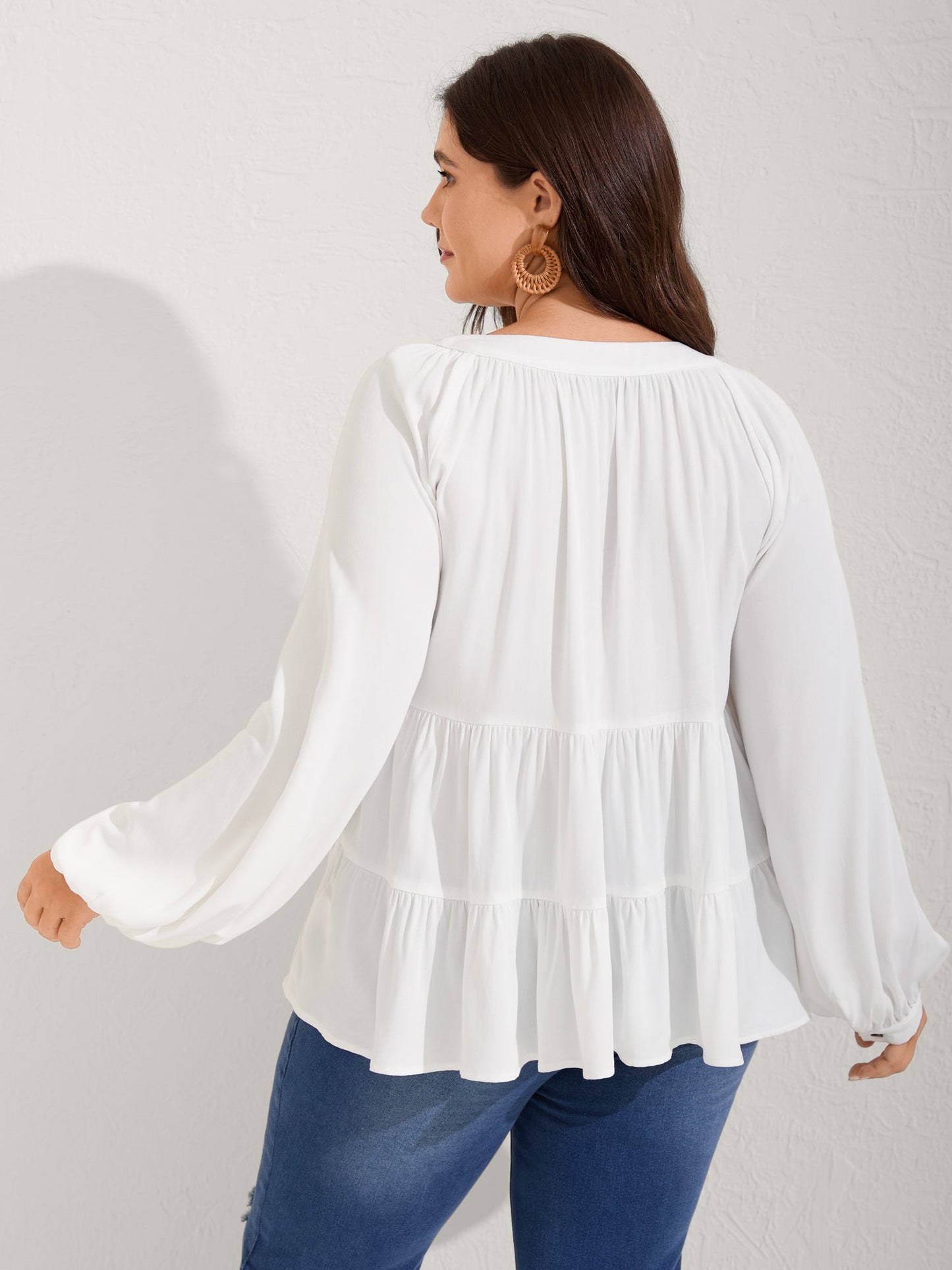 Tiered Button Placket Puffy Sleeve Blouse