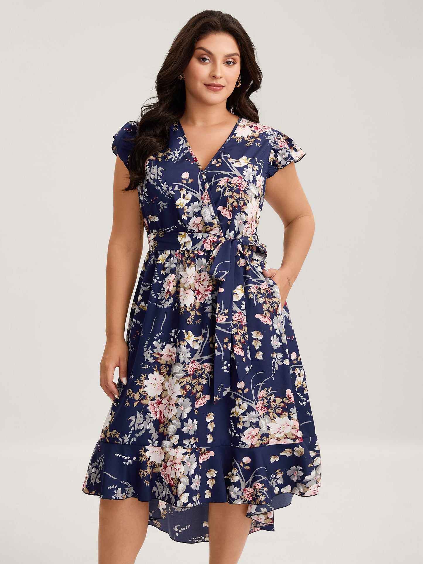 Midnight Blooms Wrap A-Line Midi Dress