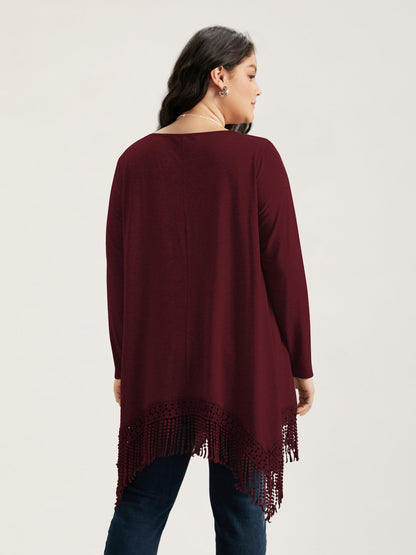 Solid Tassels Trim Pocket Asymmetrical Hem T-shirt