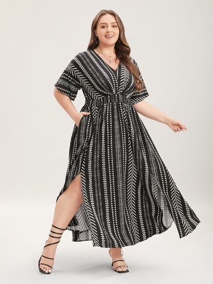 Solid Geometric Dolman Sleeve Pocket Shirred Split Hem Dress