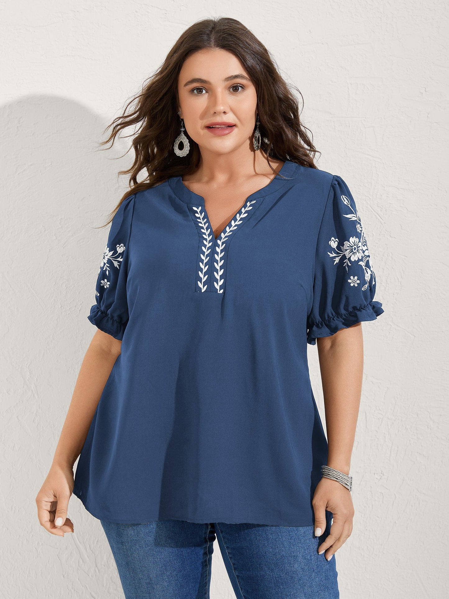 Notched Collar Embroidered Ruffled Blouse