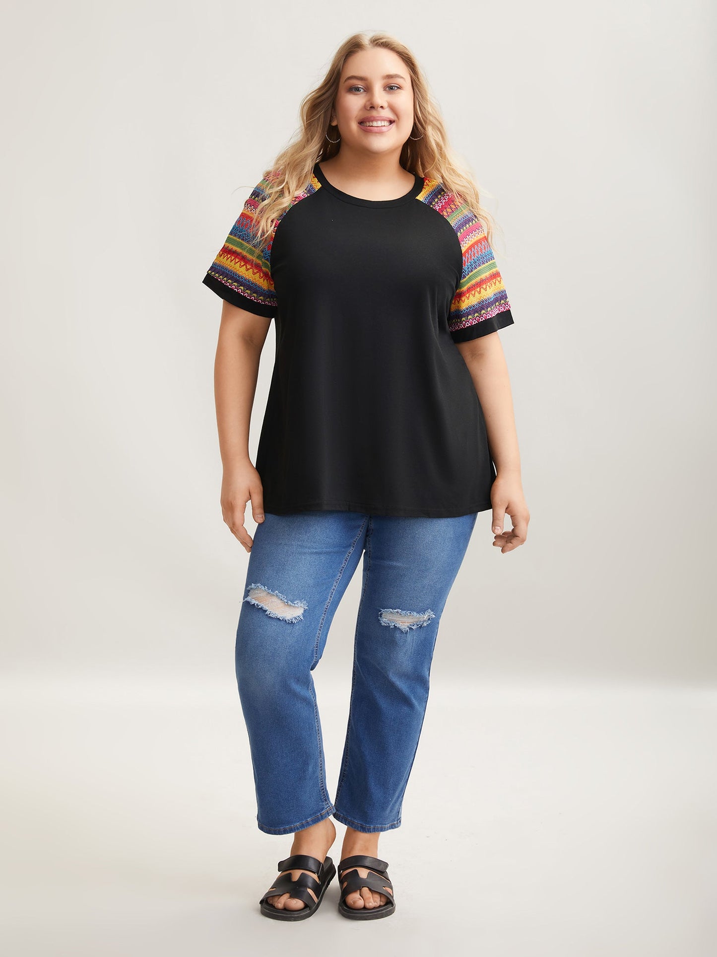 Multi-Color Striped Sleeve Spliced T-Shirt