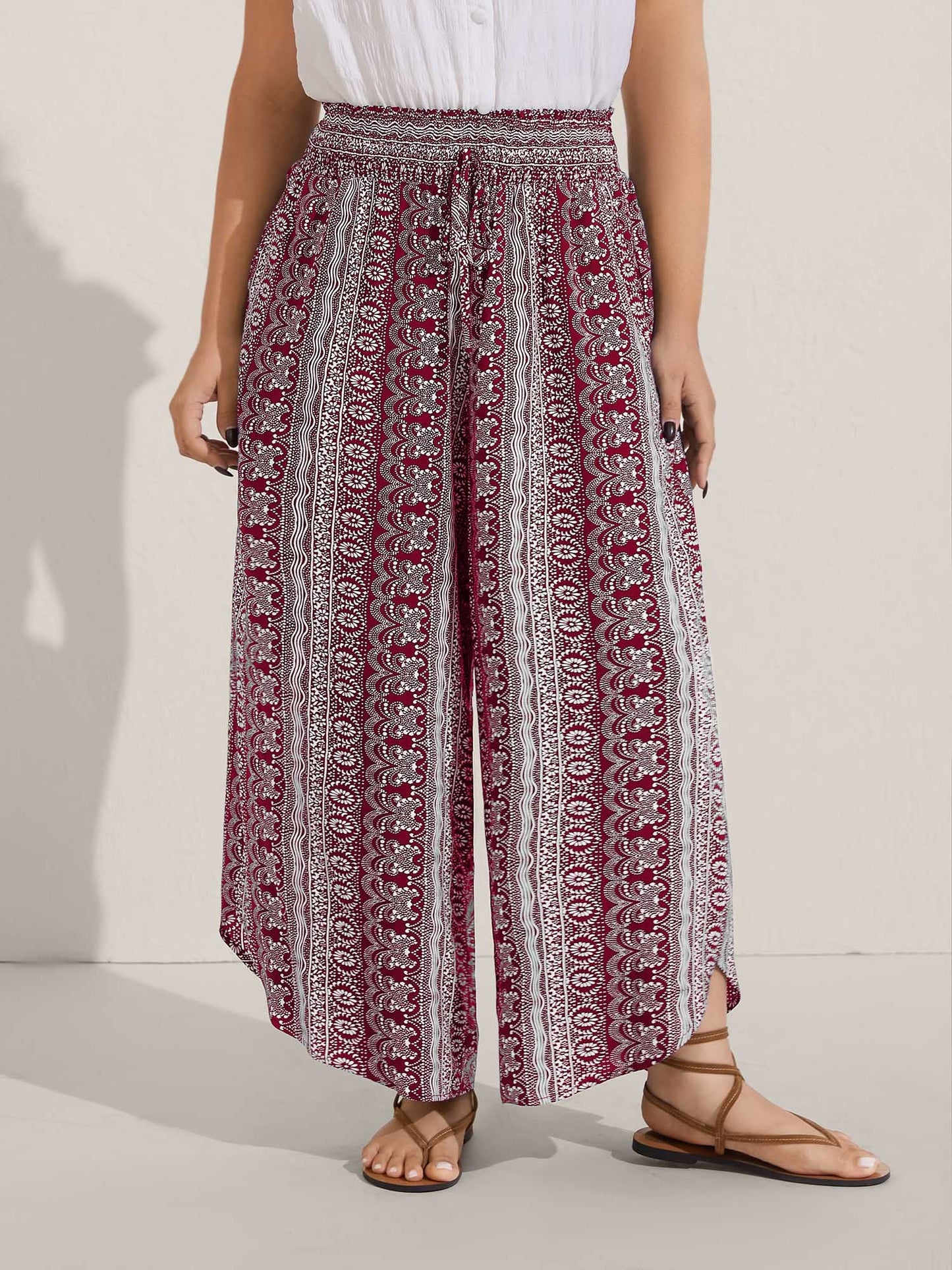 Boho Print Shirred Waist Wide-Leg Pants