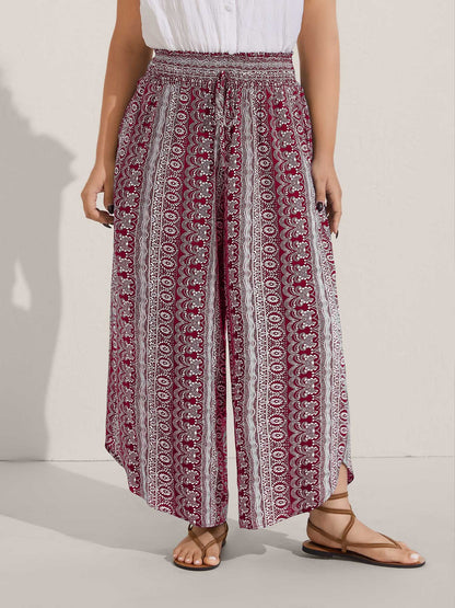 Boho Print Shirred Waist Wide-Leg Pants