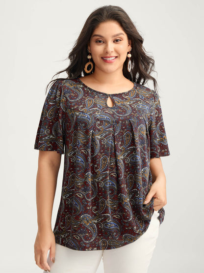 Paisley Print Neck Cut-Out Pleated Top