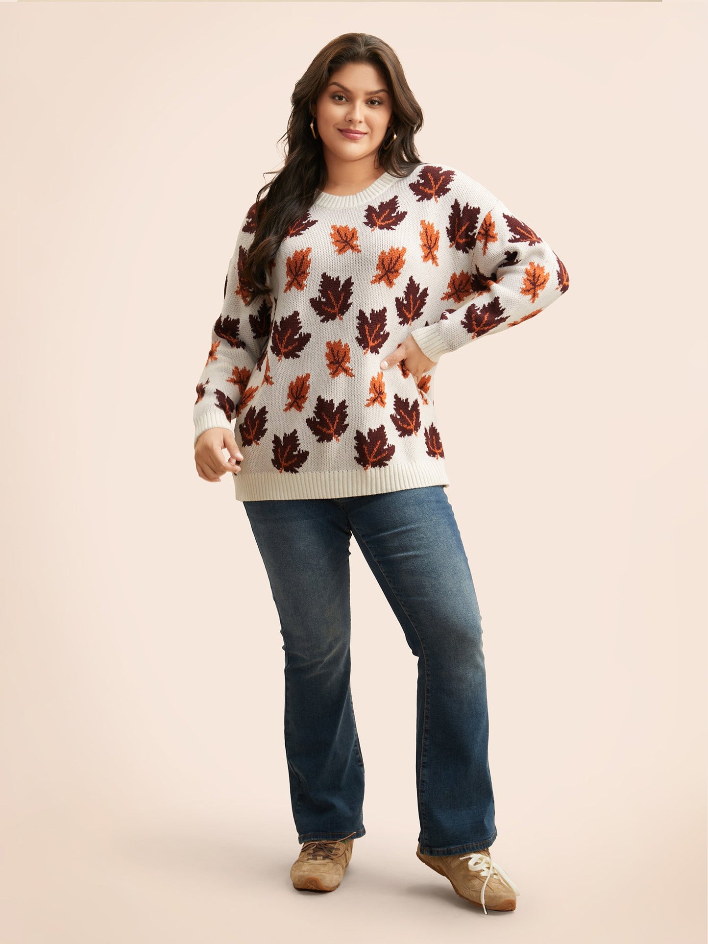 Leaves Jacquard Drop Shoulder Sleeve Pullover