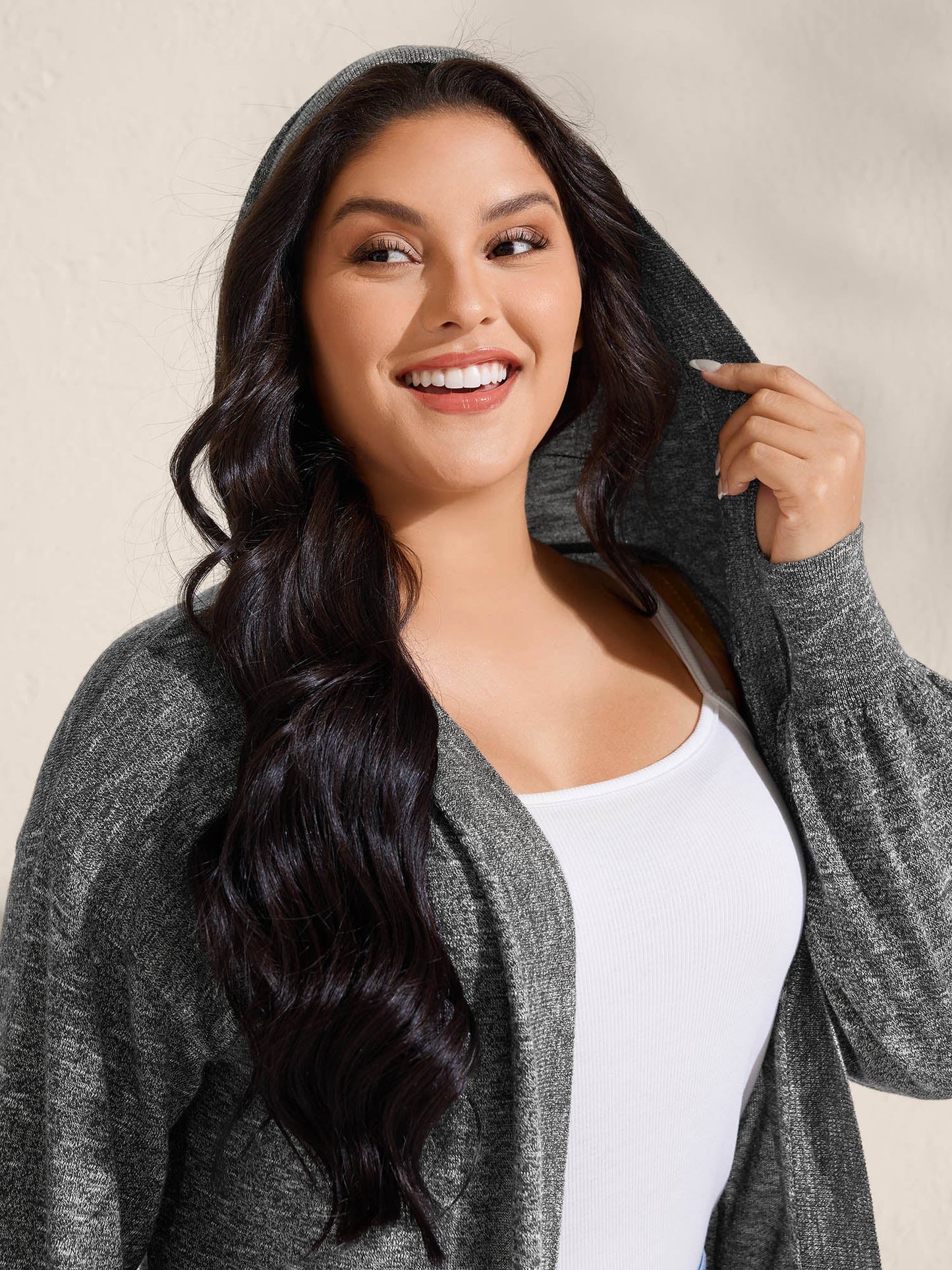 Hooded Heather Curvy Hem Lightweight Knit Cardigan