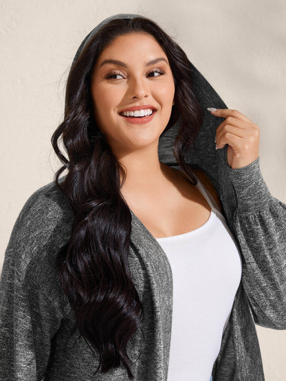 Hooded Heather Curvy Hem Lightweight Knit Cardigan