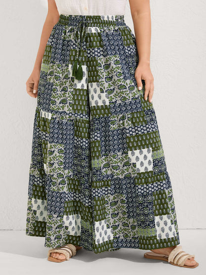 Floral Collage Drawstring Wide-Leg Pants