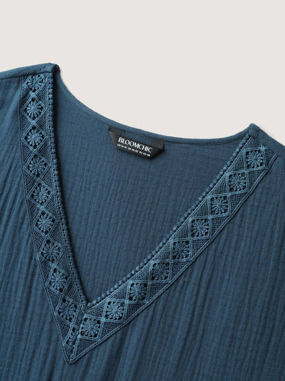 Pure Cotton Lace V-Neck Solid Midi Dress