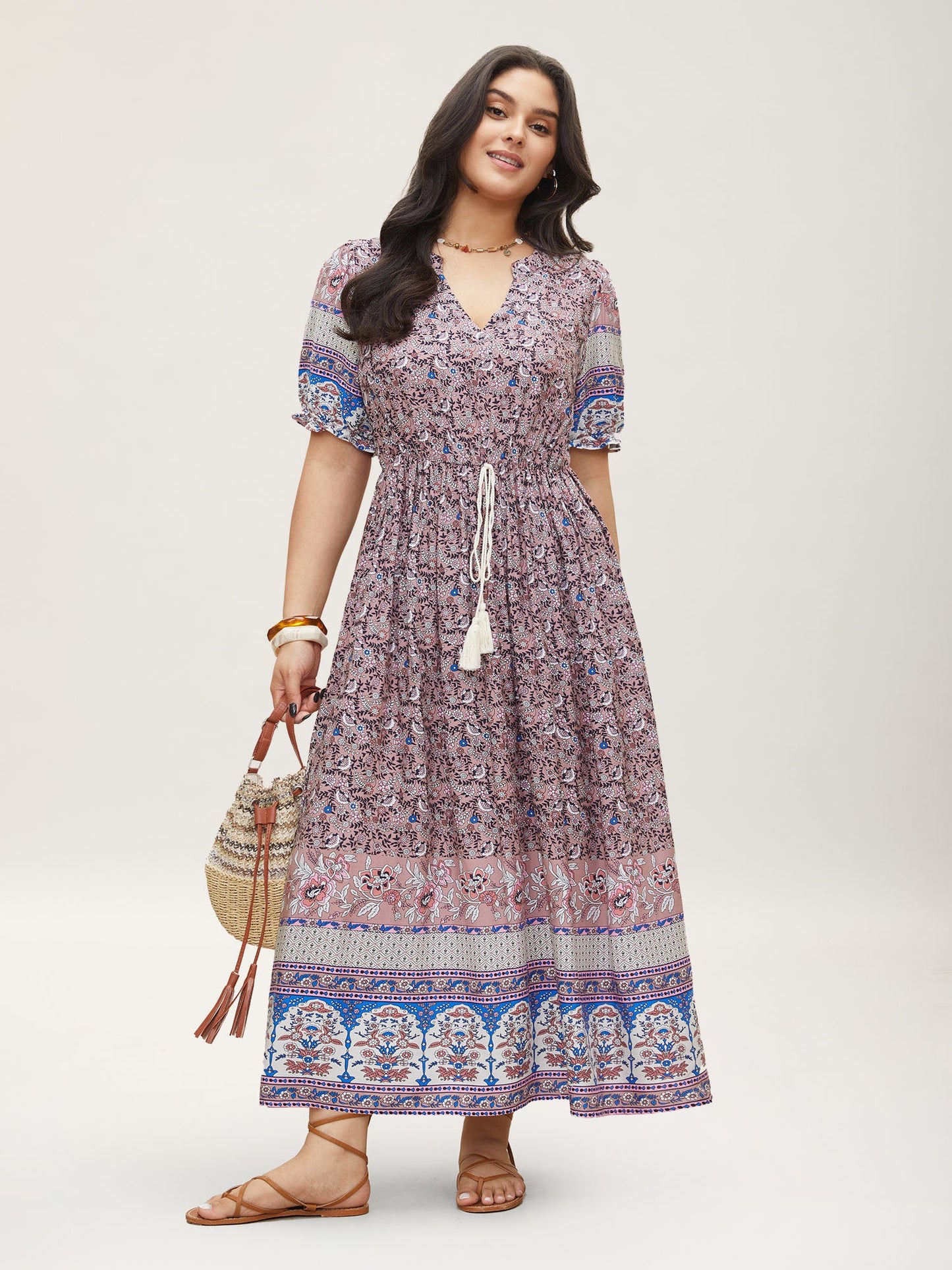 Boho Print Notched Ties Tassel Trim Dress