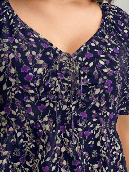 Bust-Comfort Floral Print Tie Blouse