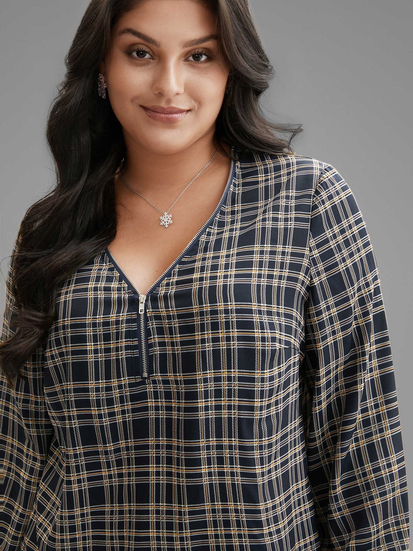 Plaid Zipper Front Lantern Sleeve Blouse