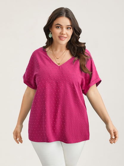 Back-Button Textured V-Neck Shirt